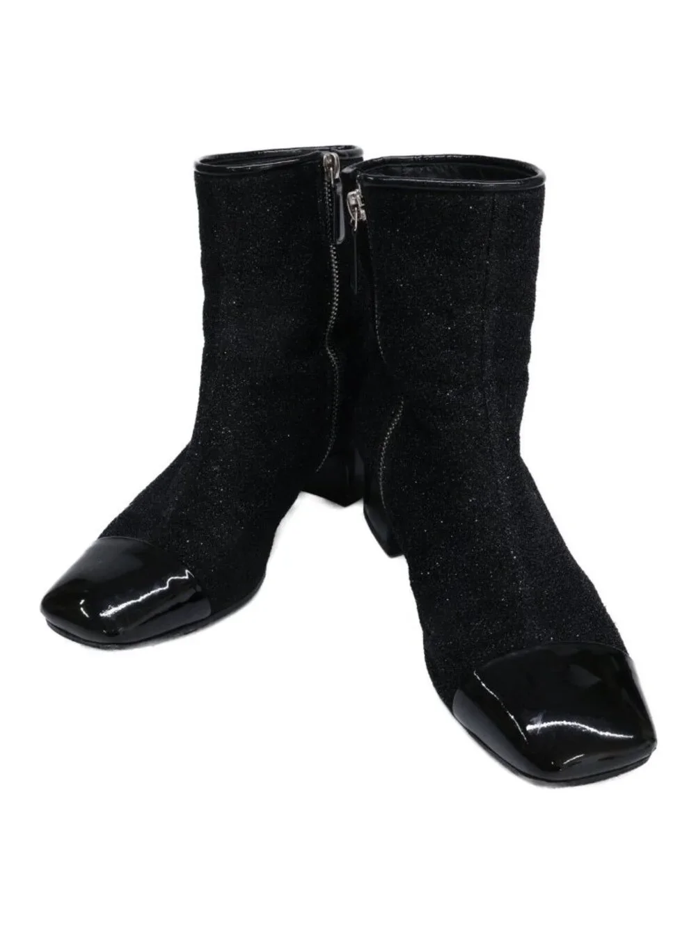 Chanel Square Toe Side Zip Chunky Heels Glitter Boots 37 1 2C